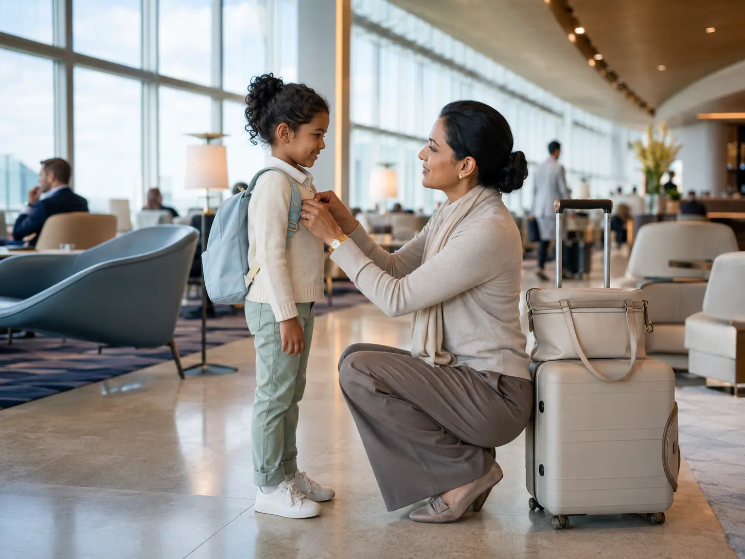 Travelling nanny supporting a child in an airport lounge