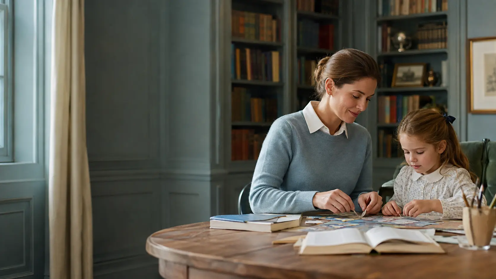 A professional governess preparing an educational activity in a private family library
